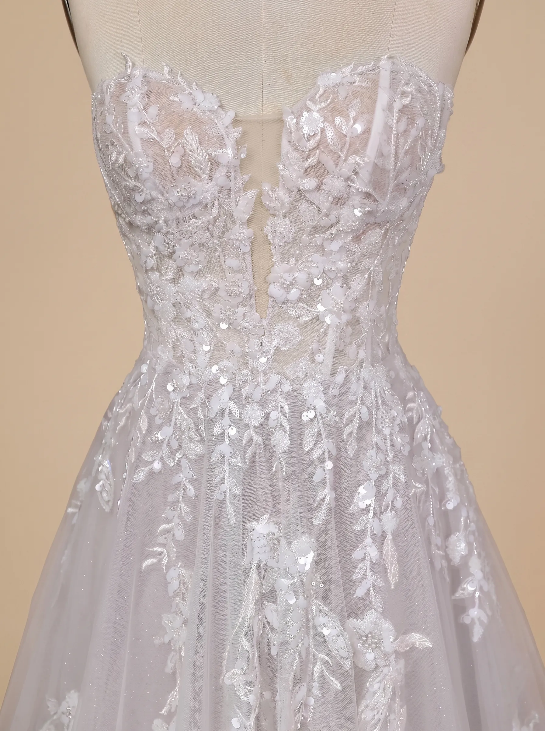 Couture Lee Floral Lace A-line Wedding Gown With Illusion Plunge Bodice & Strapless V-neck