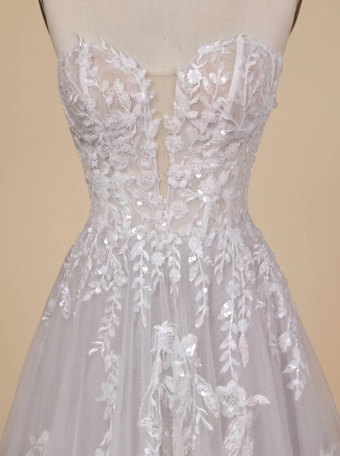 Couture Lee Floral Lace A-line Wedding Gown With Illusion Plunge Bodice & Strapless V-neck