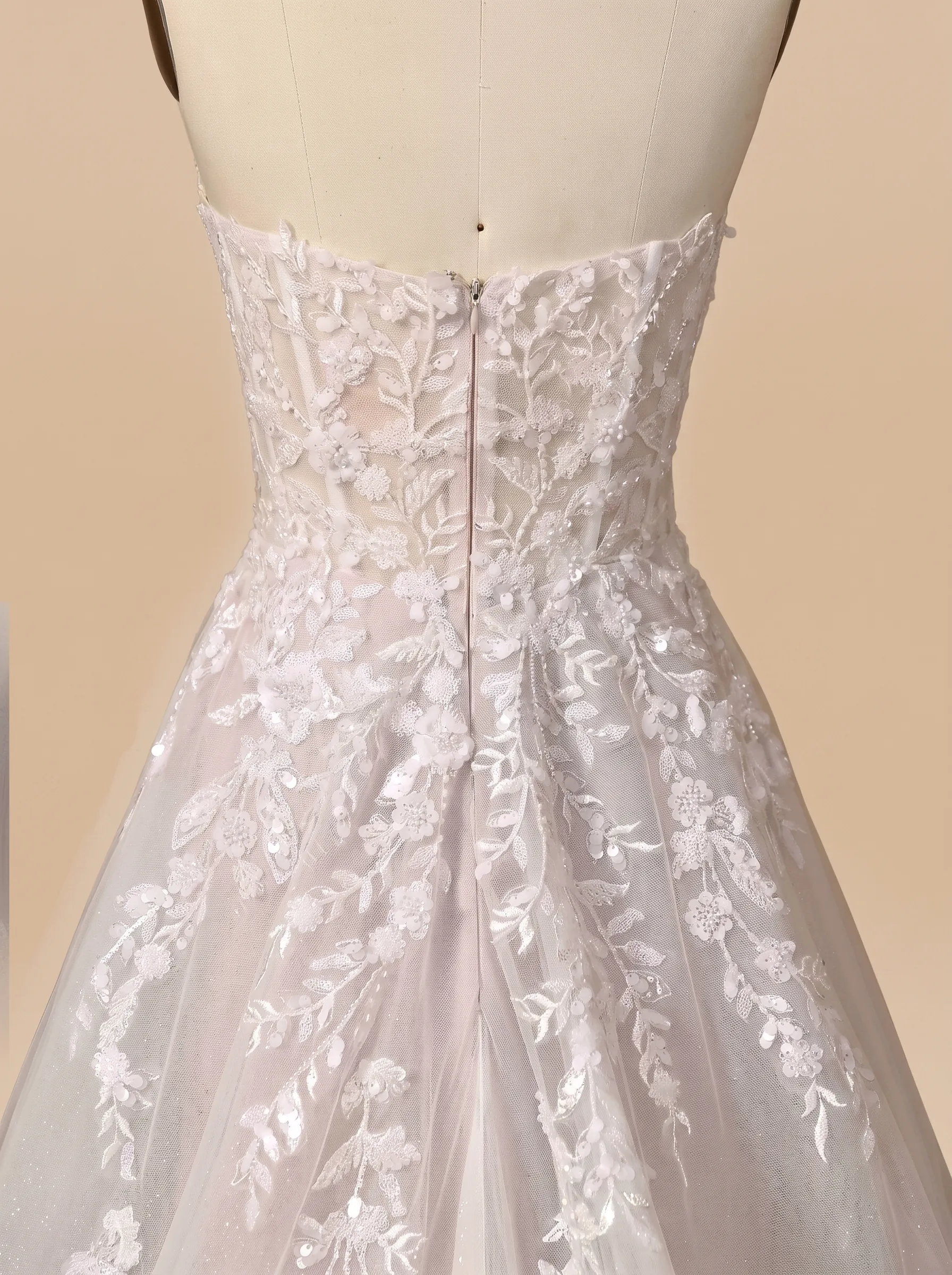 Couture Lee Floral Lace A-line Wedding Gown With Illusion Plunge Bodice & Strapless V-neck