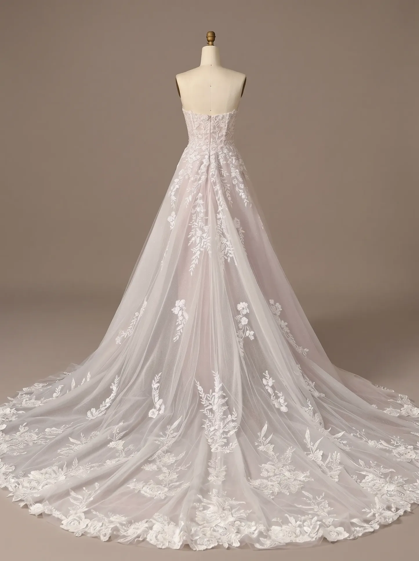 Couture Lee Floral Lace A-line Wedding Gown With Illusion Plunge Bodice & Strapless V-neck