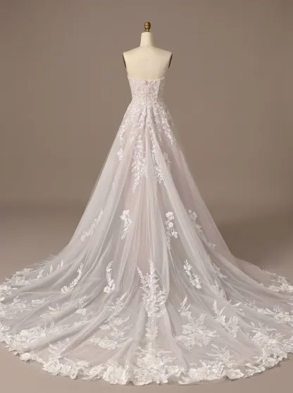Couture Lee Floral Lace A-line Wedding Gown With Illusion Plunge Bodice & Strapless V-neck