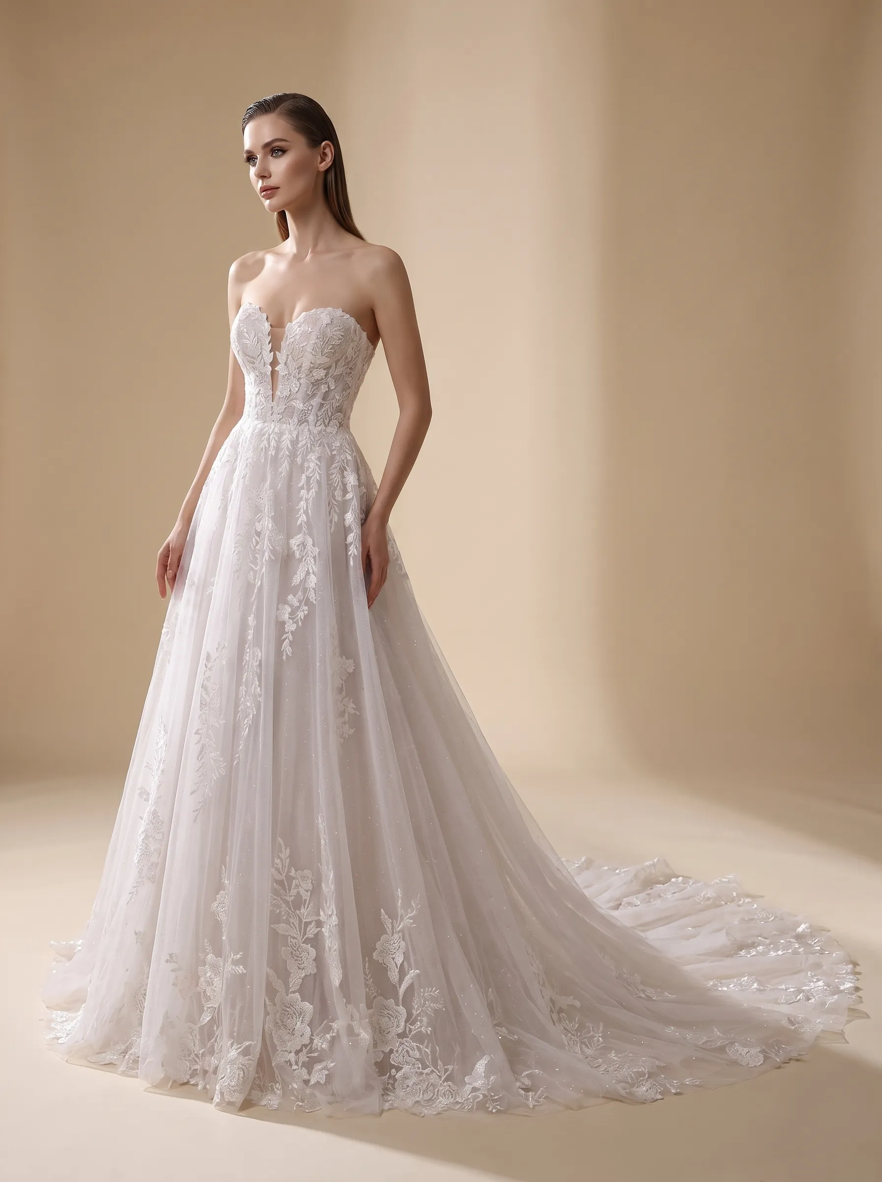 Couture Lee Floral Lace A-line Wedding Gown With Illusion Plunge Bodice & Strapless V-neck