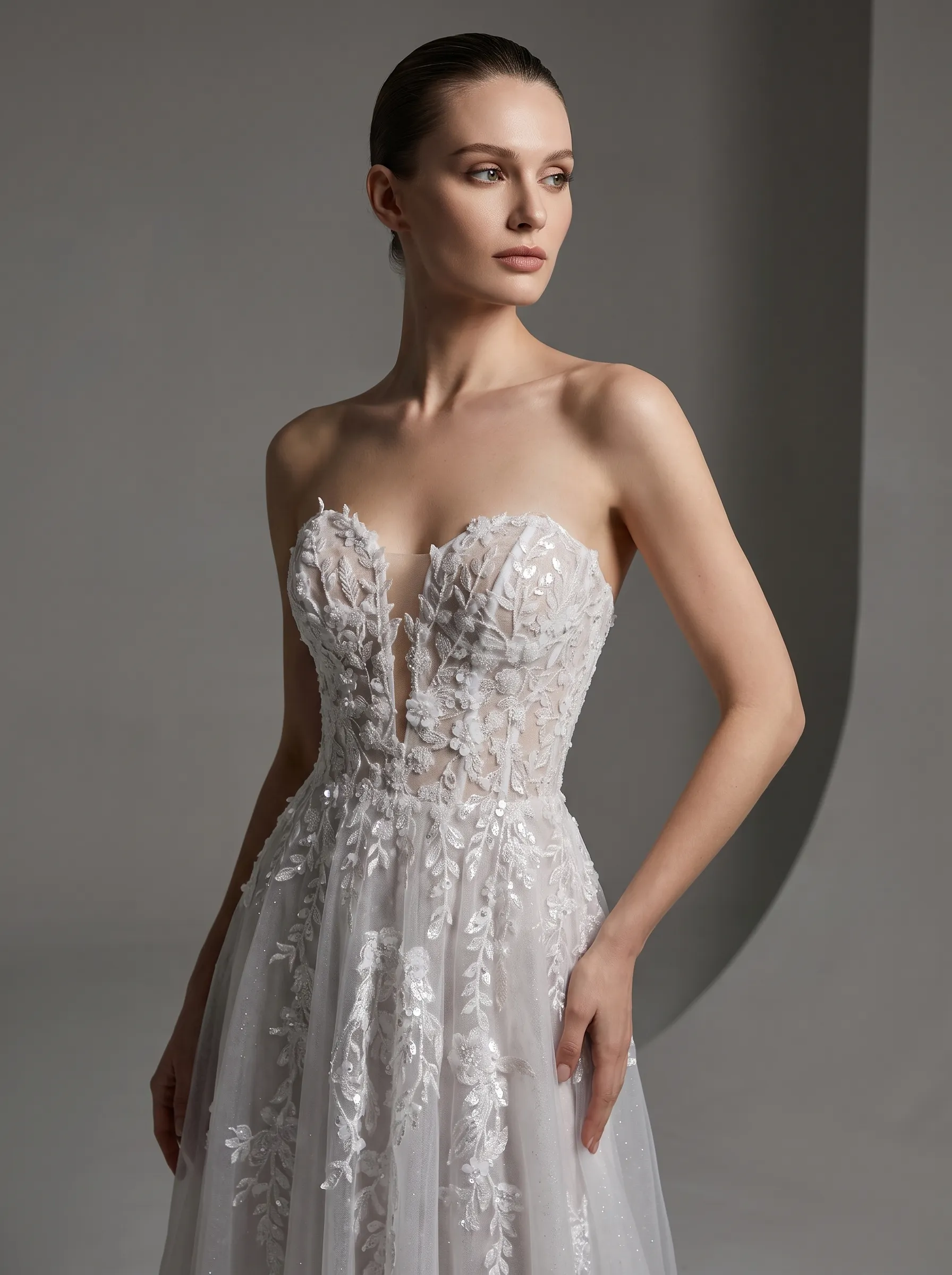 Couture Lee Floral Lace A-line Wedding Gown With Illusion Plunge Bodice & Strapless V-neck