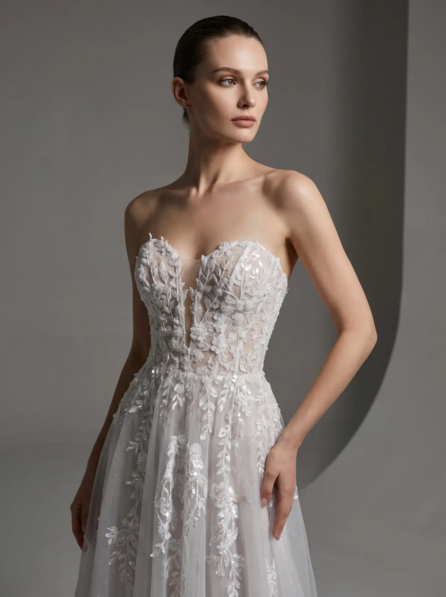 Couture Lee Floral Lace A-line Wedding Gown With Illusion Plunge Bodice & Strapless V-neck