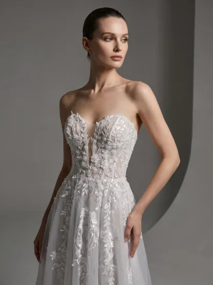 Couture Lee Floral Lace A-line Wedding Gown With Illusion Plunge Bodice & Strapless V-neck