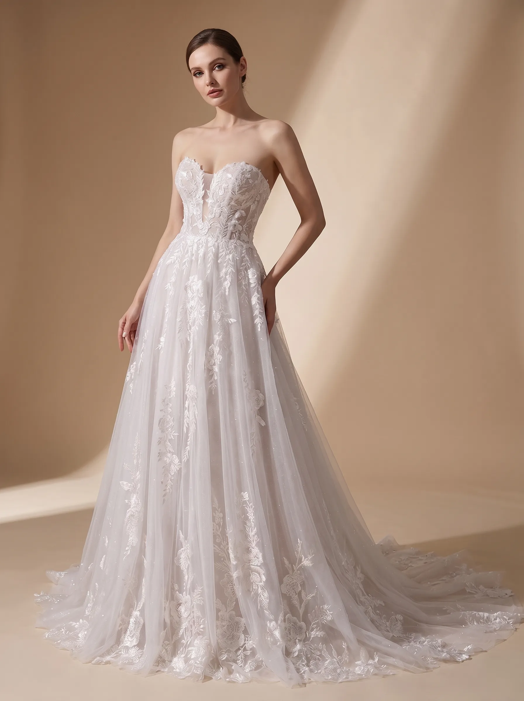 Couture Lee Floral Lace A-line Wedding Gown With Illusion Plunge Bodice & Strapless V-neck