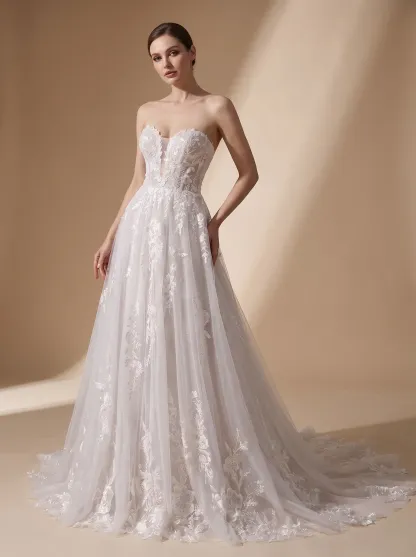 Couture Lee Floral Lace A-line Wedding Gown With Illusion Plunge Bodice & Strapless V-neck