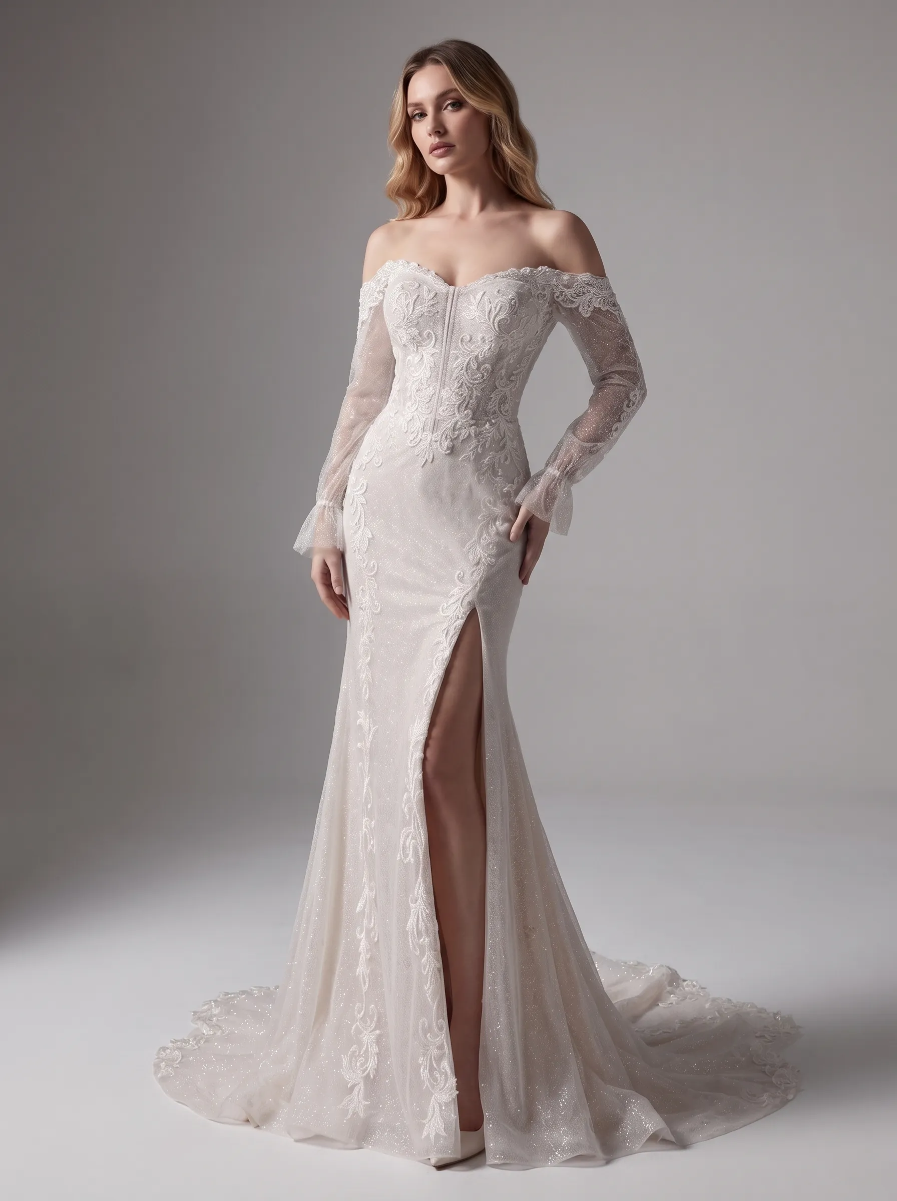 Couture Lee Off-the-Shoulder Sequin Lace Fit-and-Flare Wedding Gown With Lotus Train