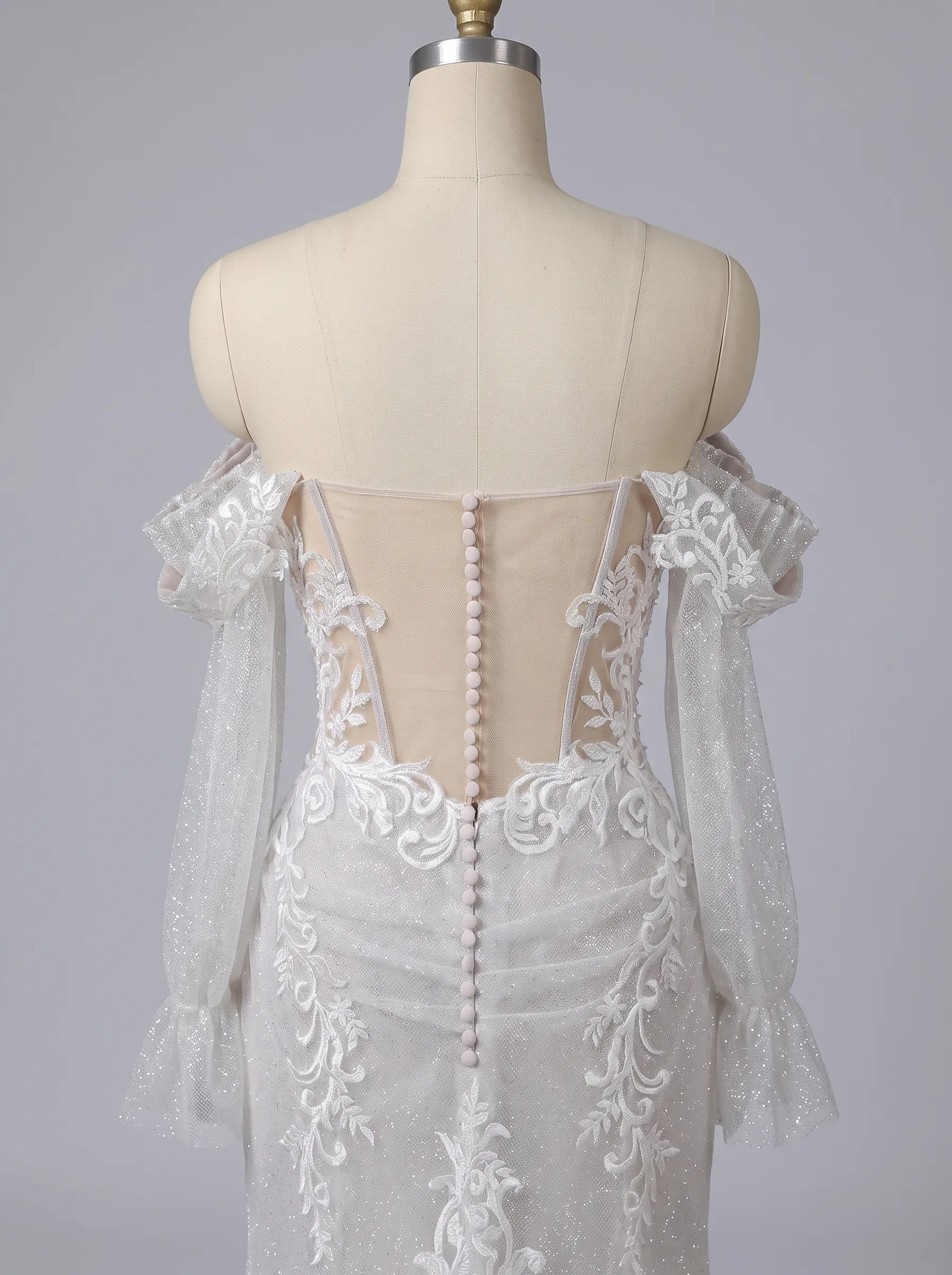 Couture Lee Off-the-Shoulder Sequin Lace Fit-and-Flare Wedding Gown With Lotus Train