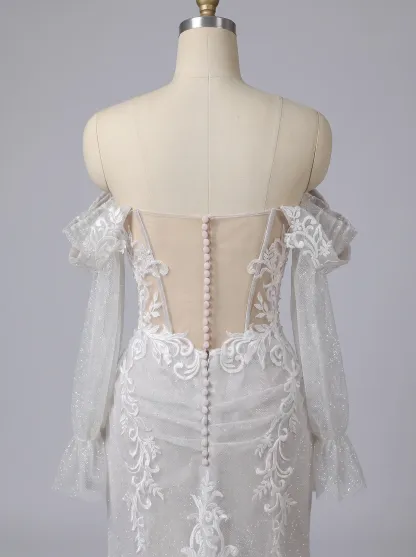 Couture Lee Off-the-Shoulder Sequin Lace Fit-and-Flare Wedding Gown With Lotus Train