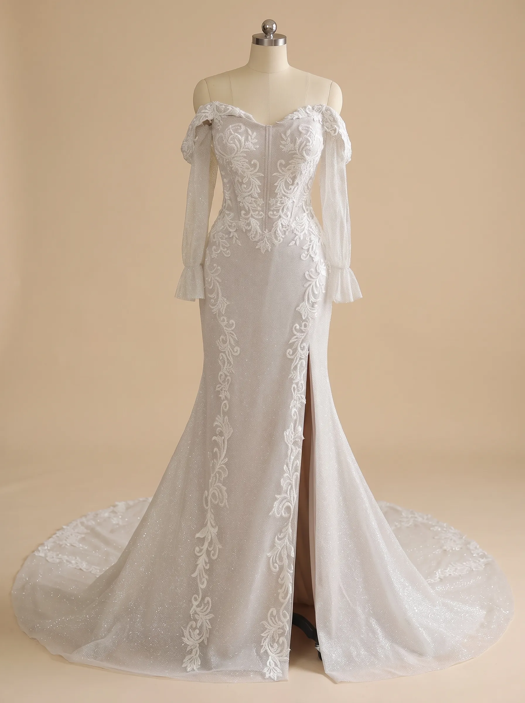 Couture Lee Off-the-Shoulder Sequin Lace Fit-and-Flare Wedding Gown With Lotus Train