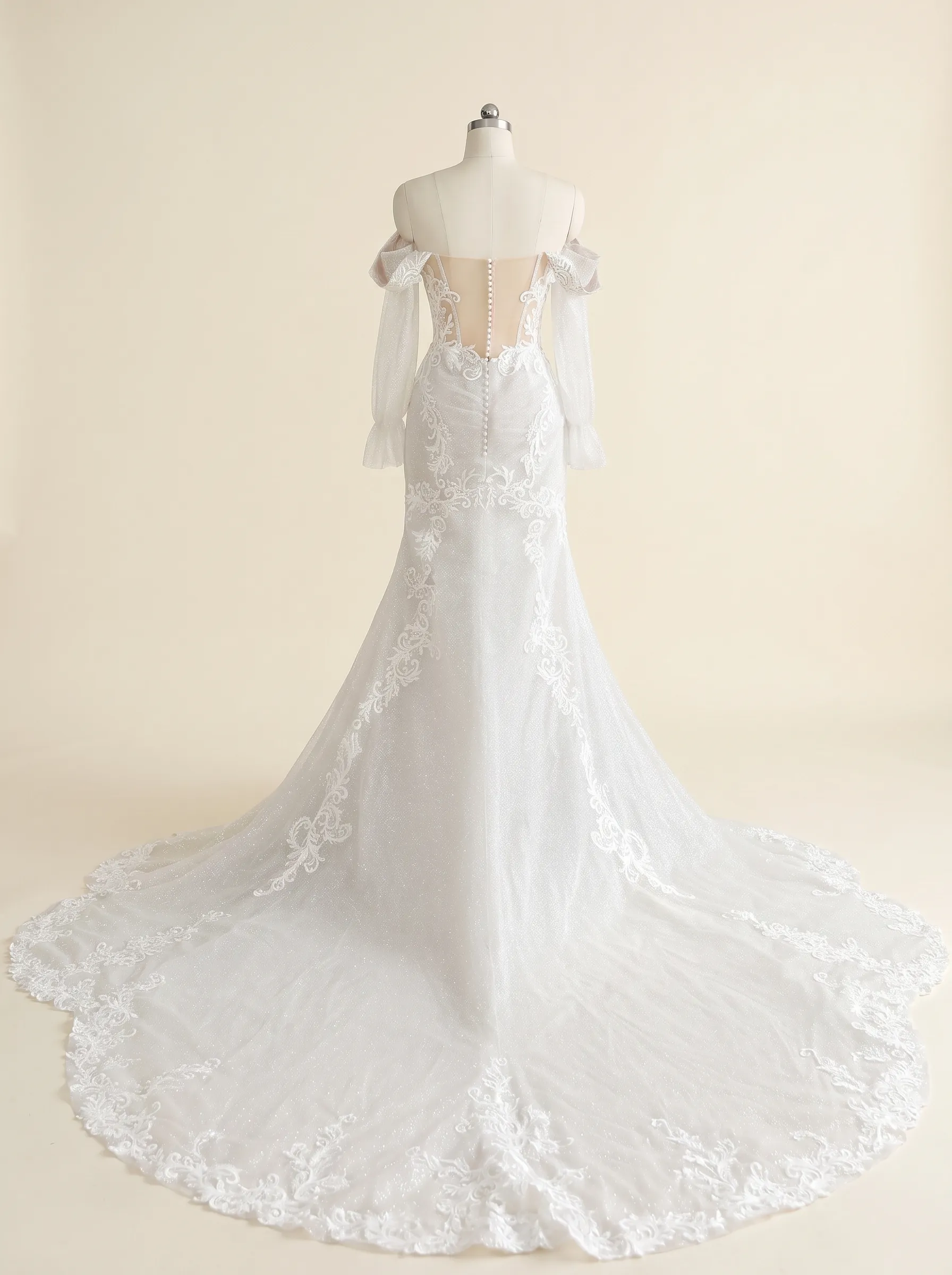 Couture Lee Off-the-Shoulder Sequin Lace Fit-and-Flare Wedding Gown With Lotus Train