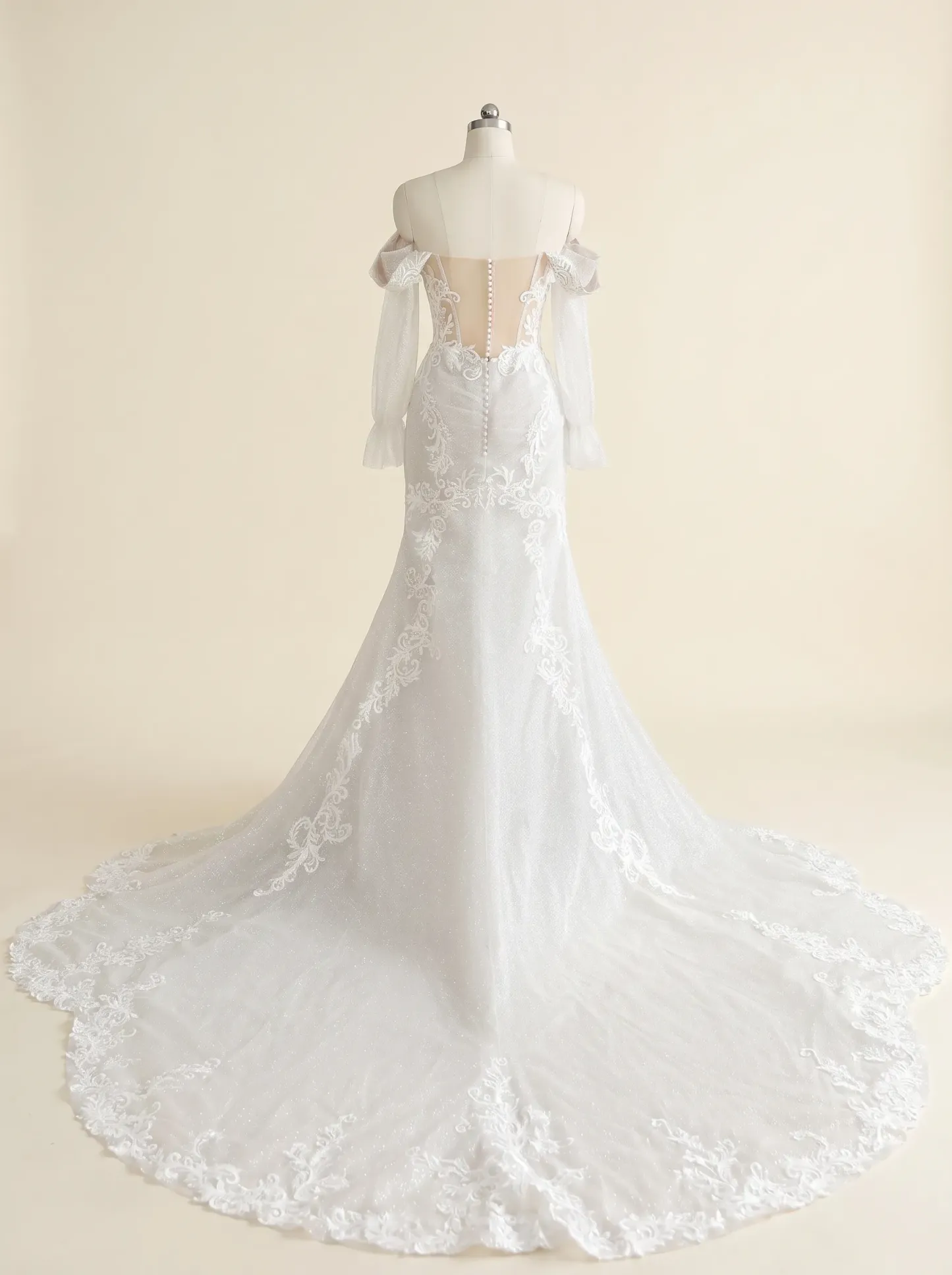 Couture Lee Off-the-Shoulder Sequin Lace Fit-and-Flare Wedding Gown With Lotus Train