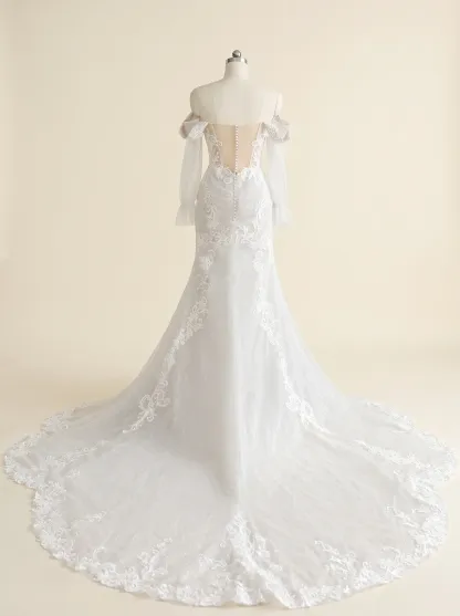 Couture Lee Off-the-Shoulder Sequin Lace Fit-and-Flare Wedding Gown With Lotus Train