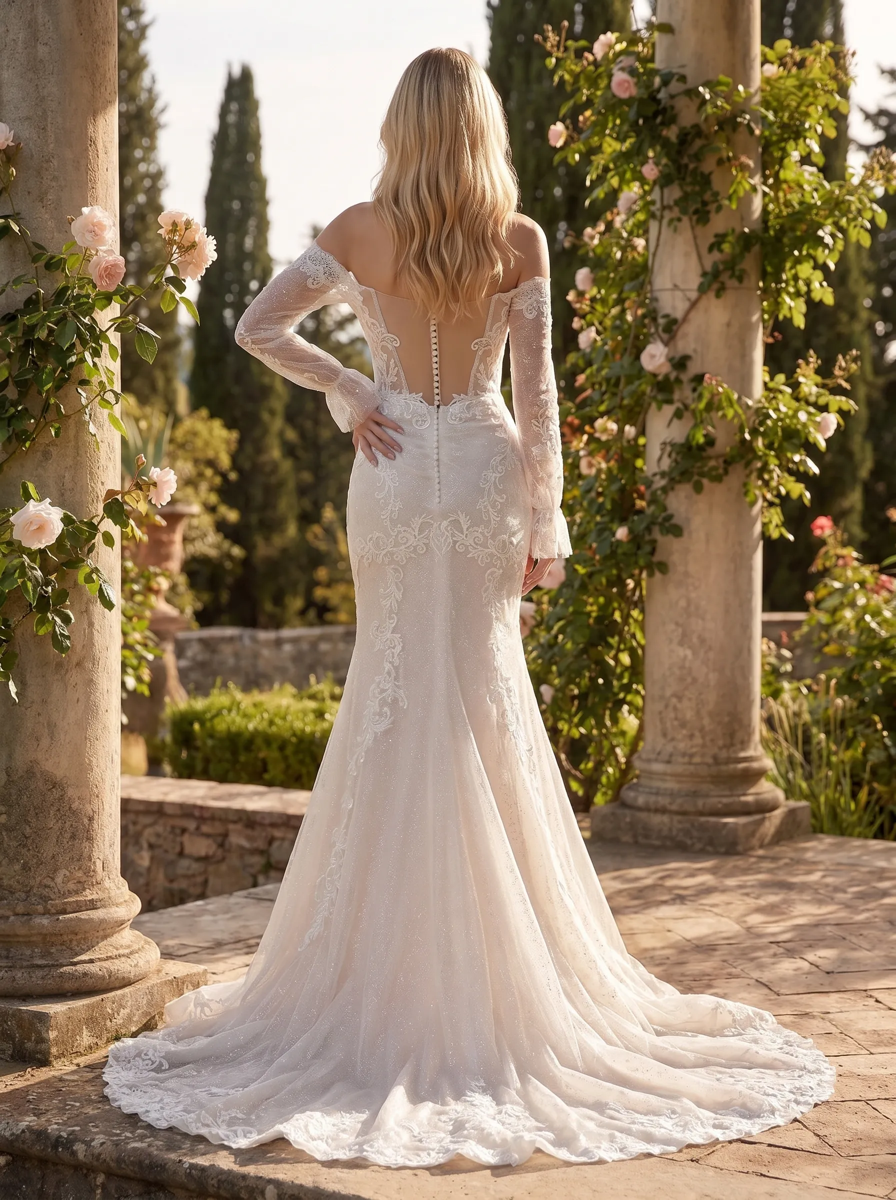 Couture Lee Off-the-Shoulder Sequin Lace Fit-and-Flare Wedding Gown With Lotus Train