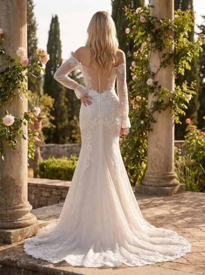 Couture Lee Off-the-Shoulder Sequin Lace Fit-and-Flare Wedding Gown With Lotus Train
