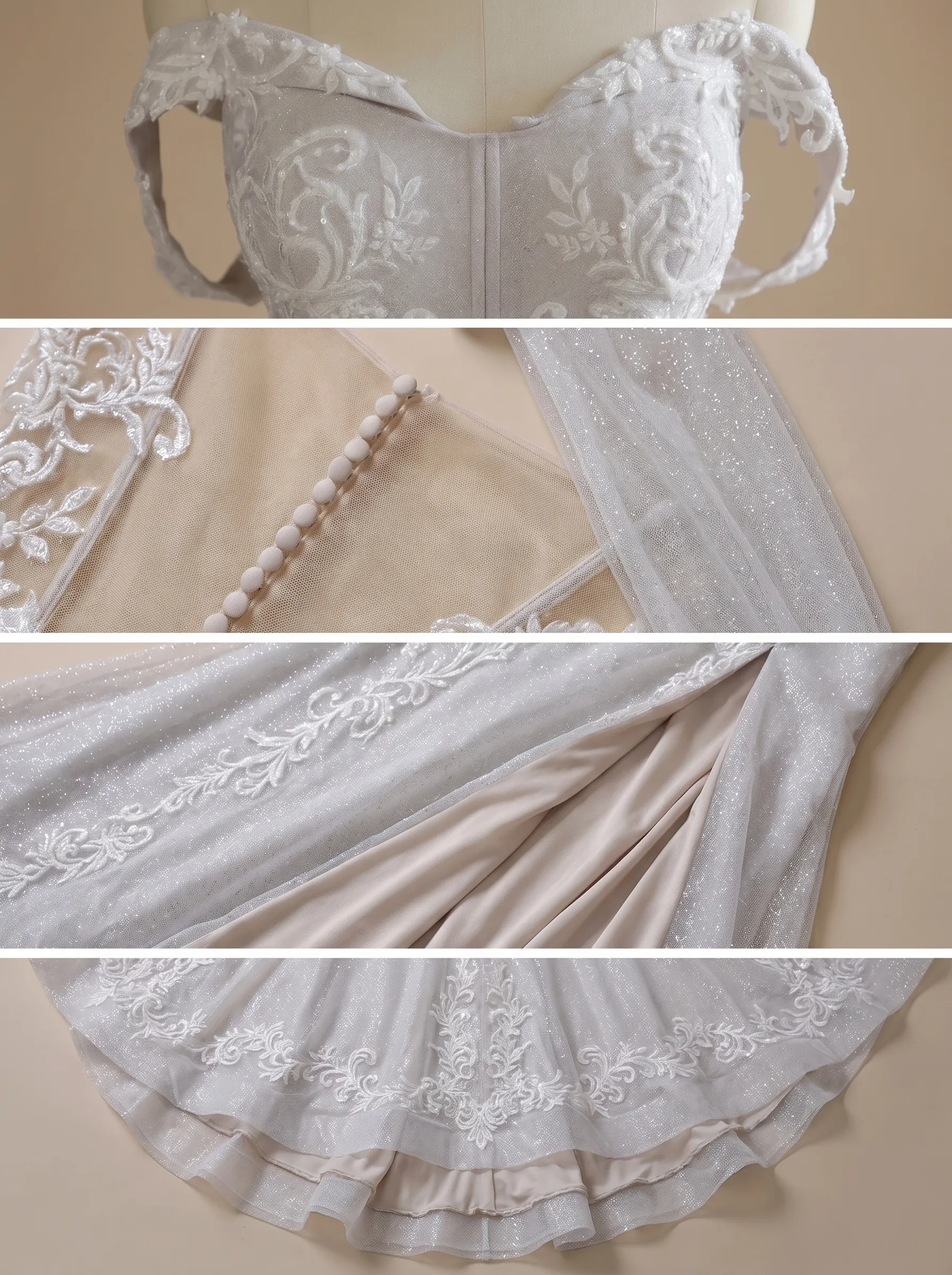 Couture Lee Off-the-Shoulder Sequin Lace Fit-and-Flare Wedding Gown With Lotus Train