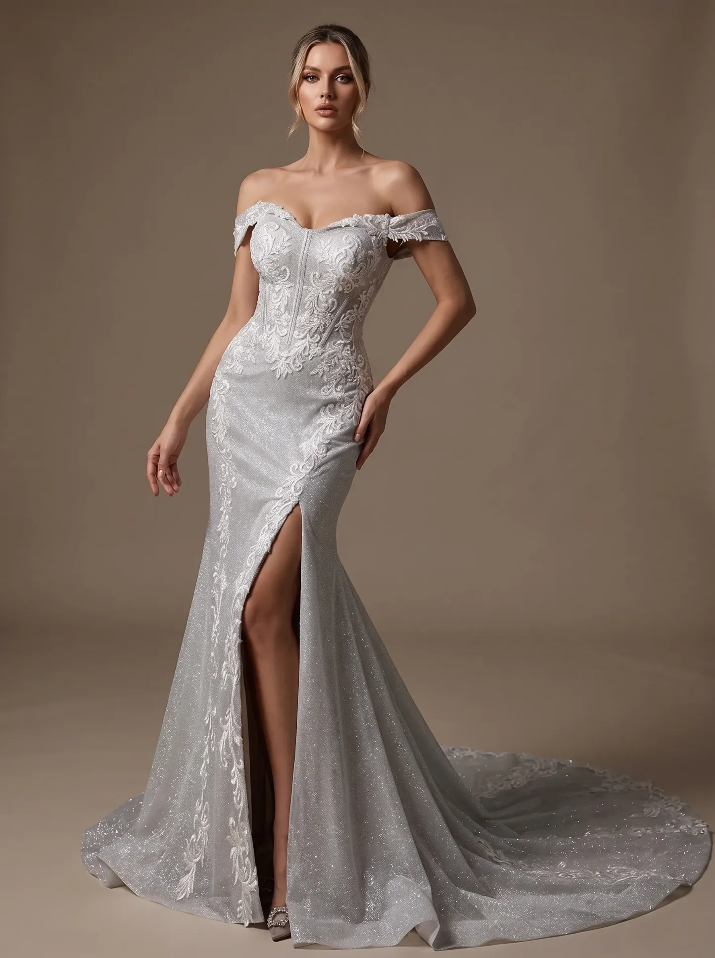 Couture Lee Off-the-Shoulder Sequin Lace Fit-and-Flare Wedding Gown With Lotus Train