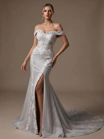 Couture Lee Off-the-Shoulder Sequin Lace Fit-and-Flare Wedding Gown With Lotus Train