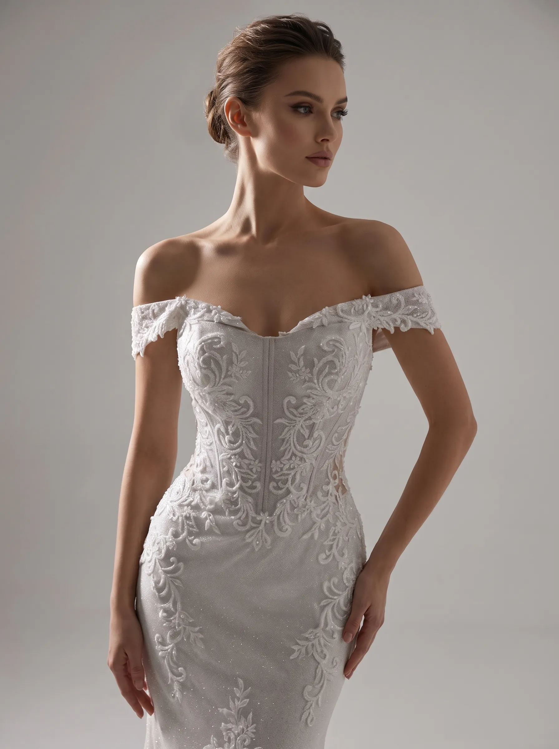 Couture Lee Off-the-Shoulder Sequin Lace Fit-and-Flare Wedding Gown With Lotus Train