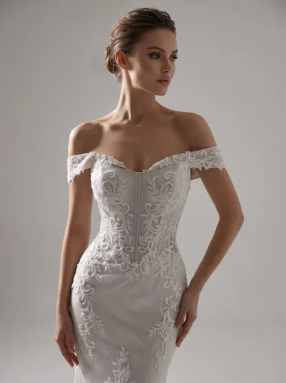 Couture Lee Off-the-Shoulder Sequin Lace Fit-and-Flare Wedding Gown With Lotus Train