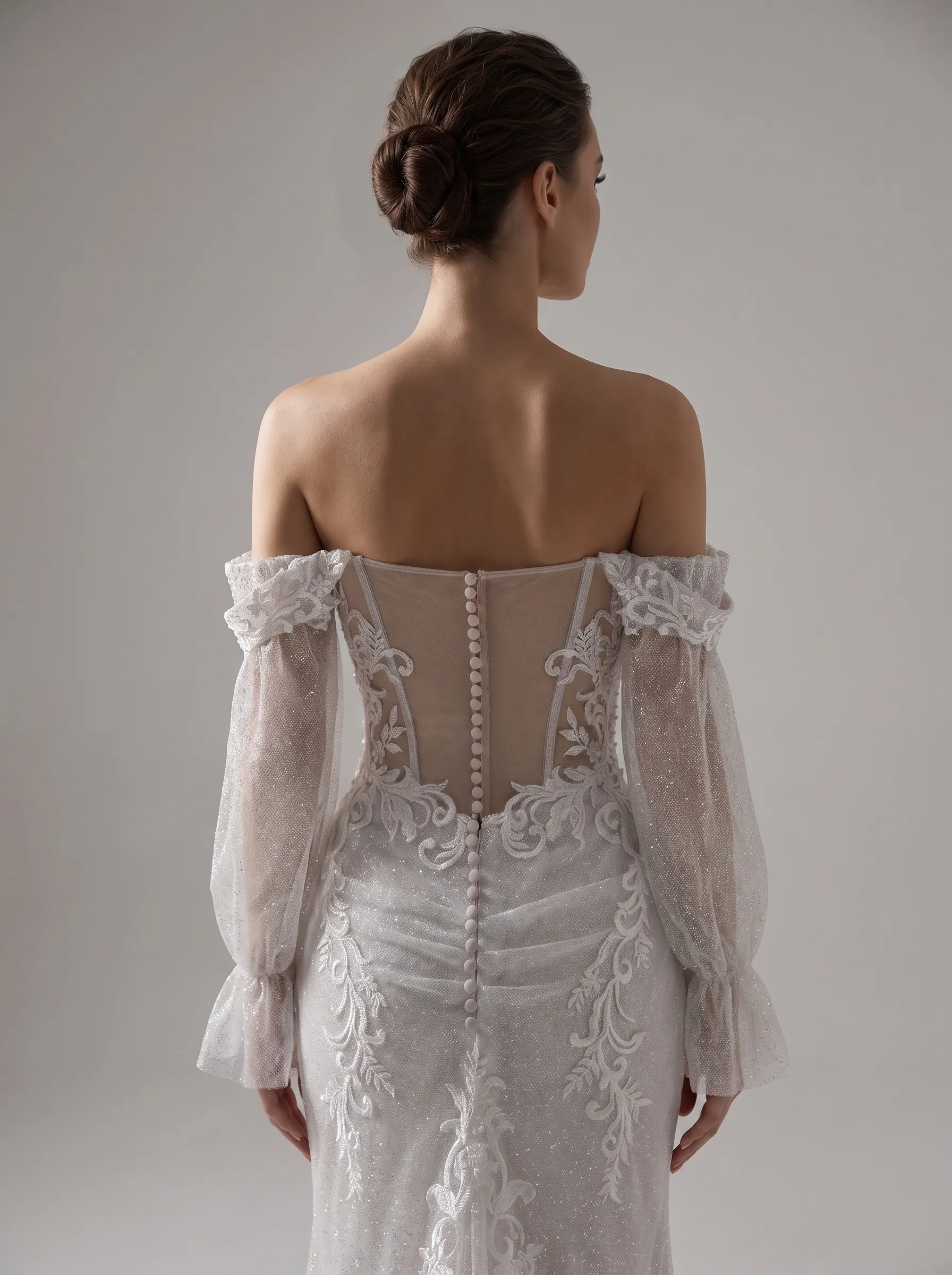 Couture Lee Off-the-Shoulder Sequin Lace Fit-and-Flare Wedding Gown With Lotus Train