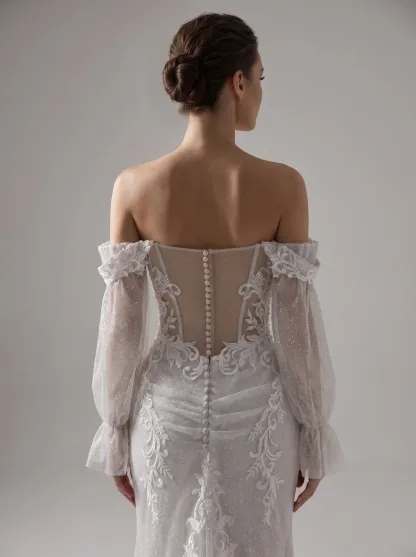 Couture Lee Off-the-Shoulder Sequin Lace Fit-and-Flare Wedding Gown With Lotus Train