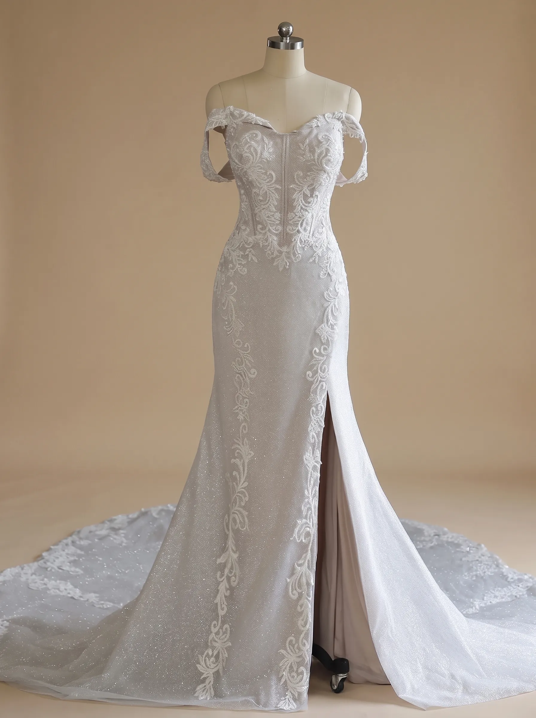 Couture Lee Off-the-Shoulder Sequin Lace Fit-and-Flare Wedding Gown With Lotus Train