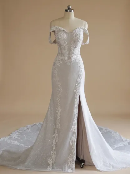 Couture Lee Off-the-Shoulder Sequin Lace Fit-and-Flare Wedding Gown With Lotus Train