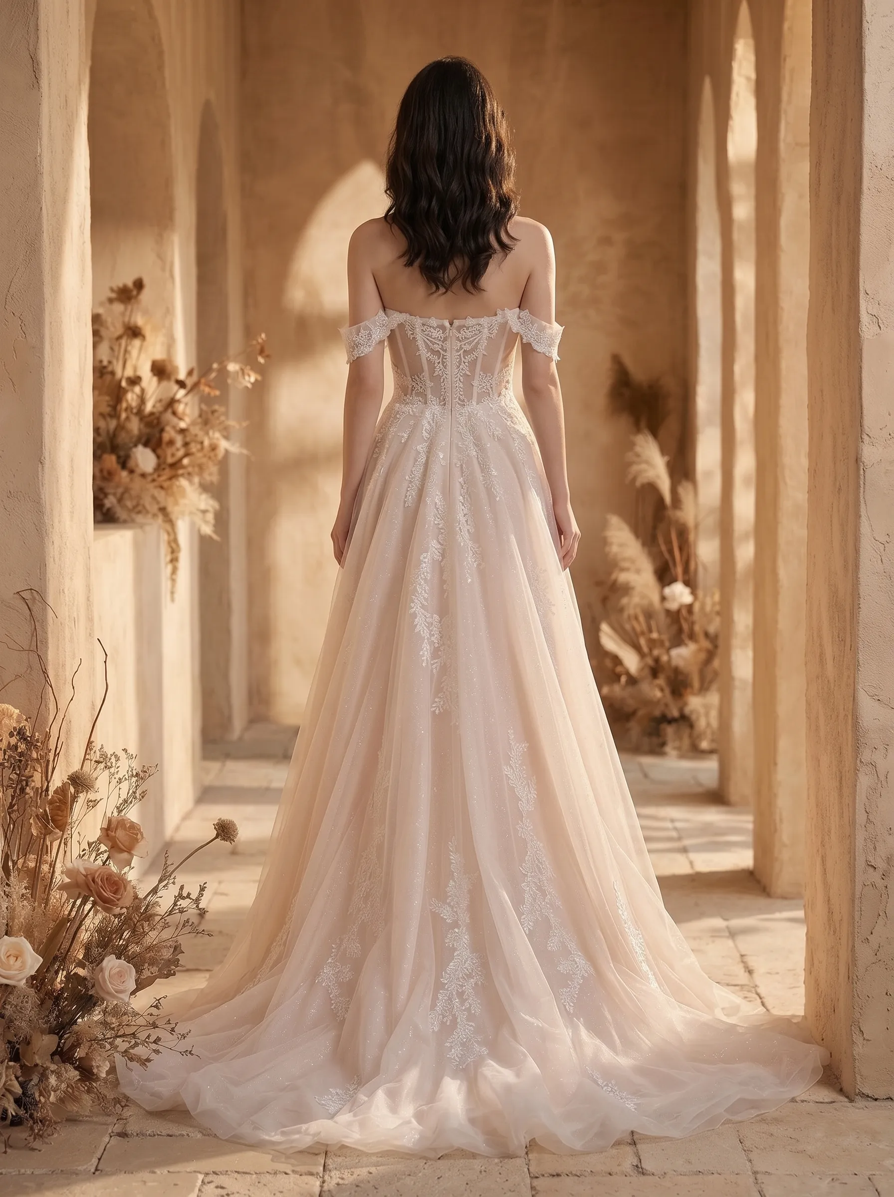 Couture Lee Romantic Off-the-Shoulder Sheer Lace Glitter Tulle Bridal Gown with Thigh Slit