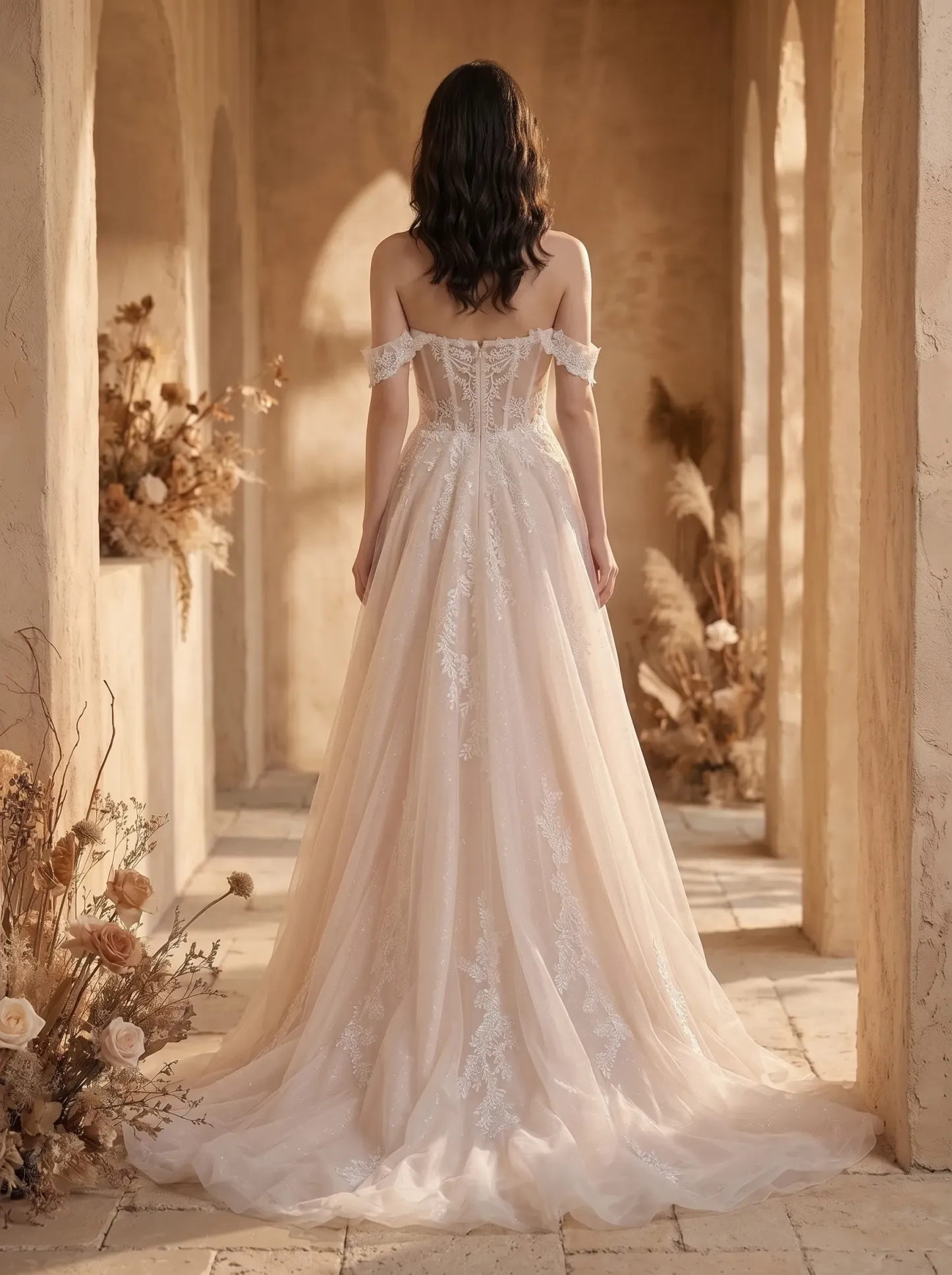 Couture Lee Romantic Off-the-Shoulder Sheer Lace Glitter Tulle Bridal Gown with Thigh Slit