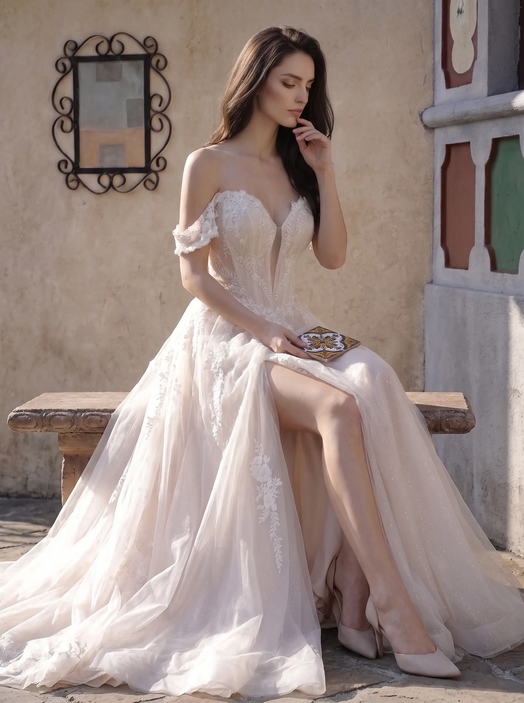 Couture Lee Romantic Off-the-Shoulder Sheer Lace Glitter Tulle Bridal Gown with Thigh Slit