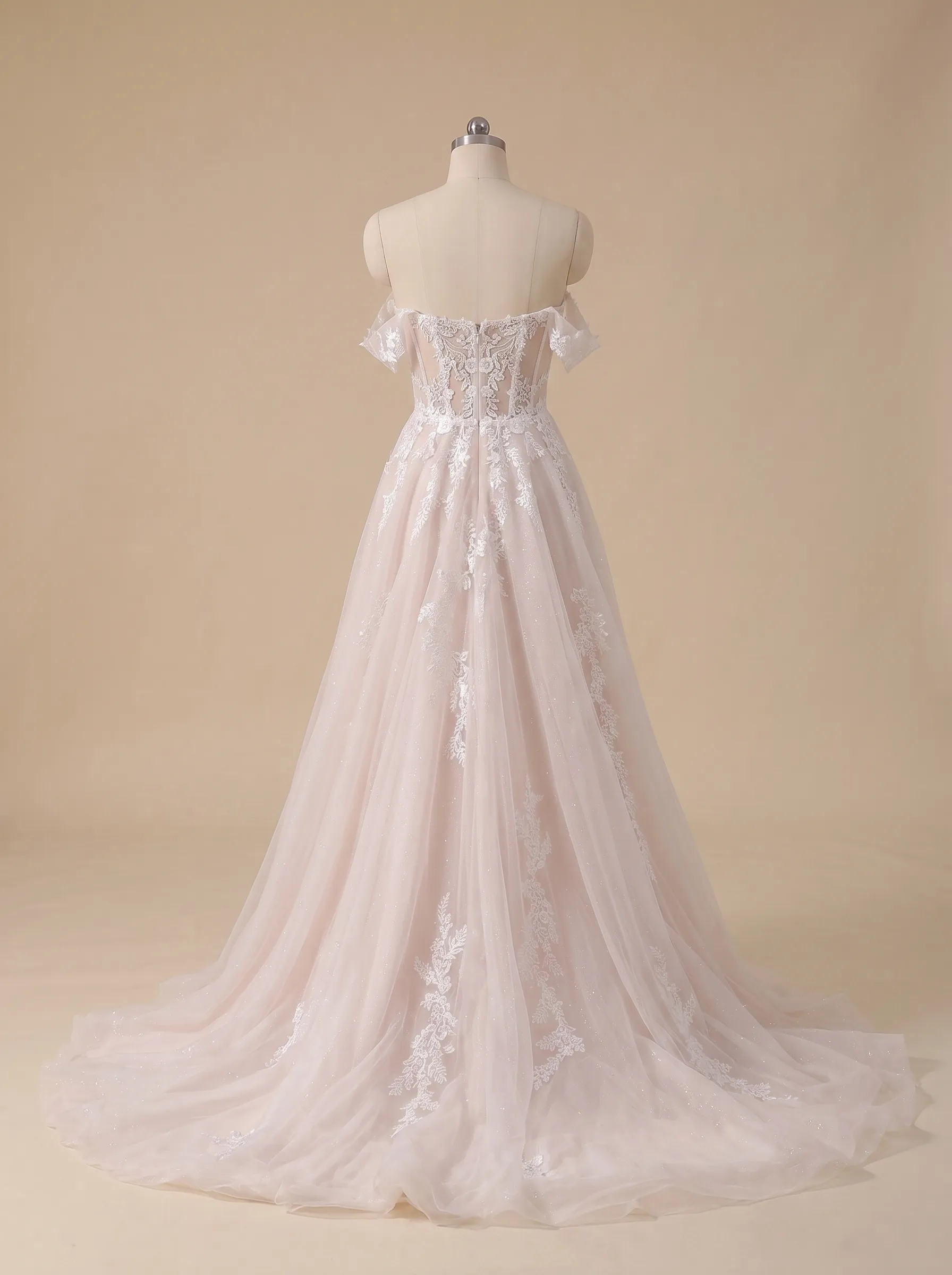 Couture Lee Romantic Off-the-Shoulder Sheer Lace Glitter Tulle Bridal Gown with Thigh Slit