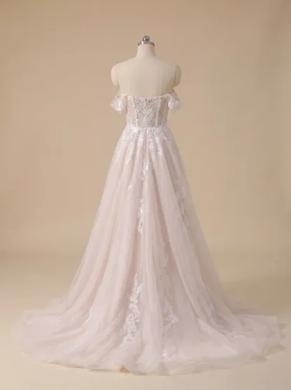 Couture Lee Romantic Off-the-Shoulder Sheer Lace Glitter Tulle Bridal Gown with Thigh Slit