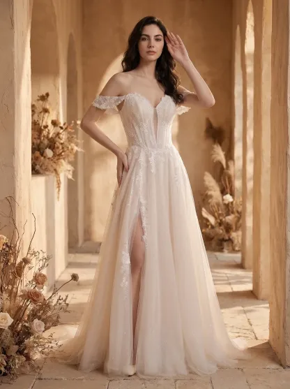 Couture Lee Romantic Off-the-Shoulder Sheer Lace Glitter Tulle Bridal Gown with Thigh Slit