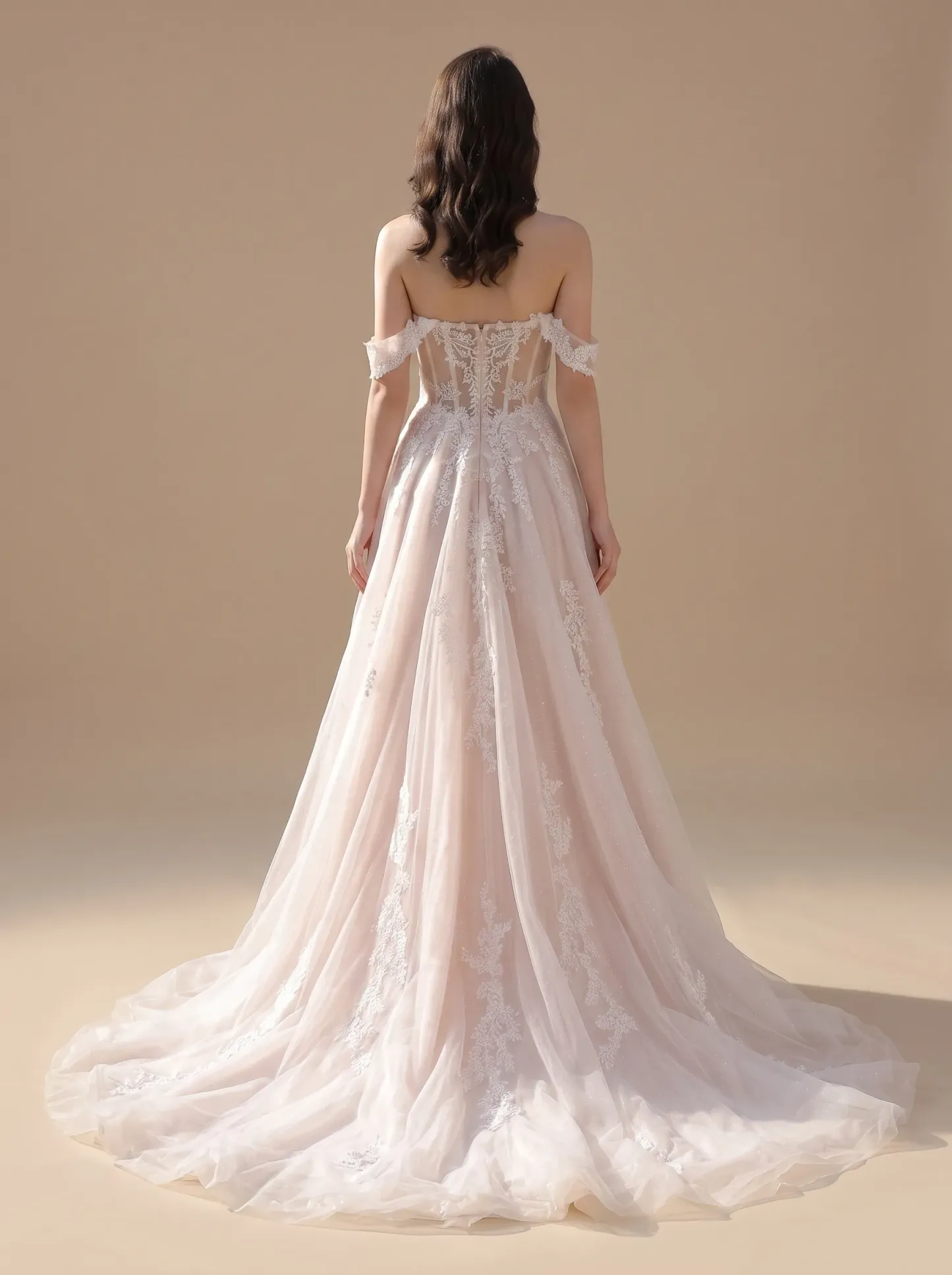 Couture Lee Romantic Off-the-Shoulder Sheer Lace Glitter Tulle Bridal Gown with Thigh Slit