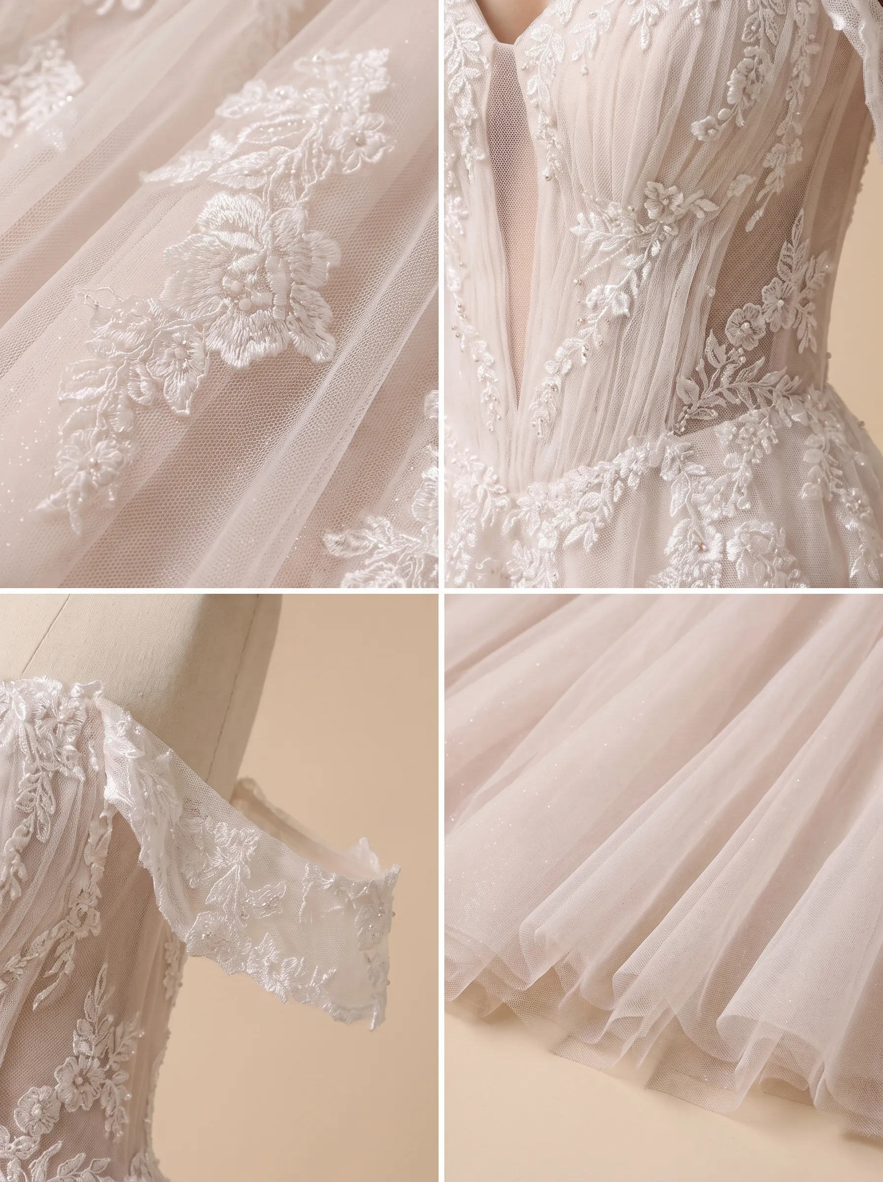 Couture Lee Romantic Off-the-Shoulder Sheer Lace Glitter Tulle Bridal Gown with Thigh Slit