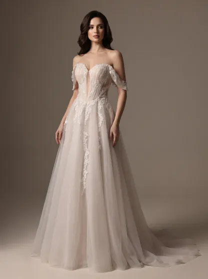 Couture Lee Romantic Off-the-Shoulder Sheer Lace Glitter Tulle Bridal Gown with Thigh Slit
