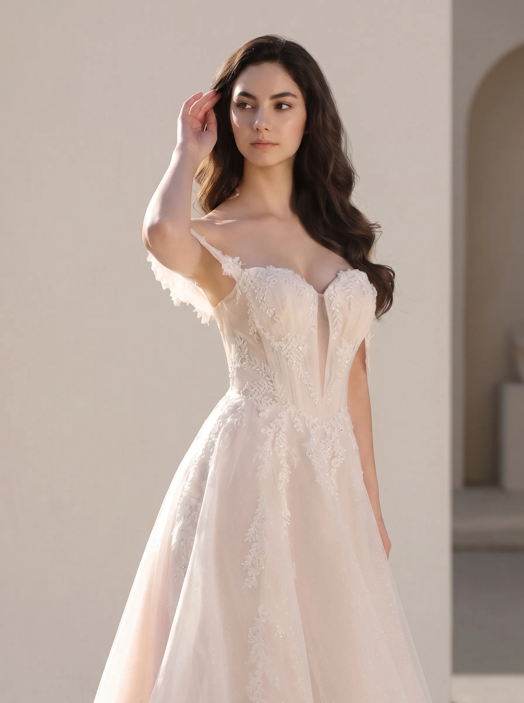 Couture Lee Romantic Off-the-Shoulder Sheer Lace Glitter Tulle Bridal Gown with Thigh Slit
