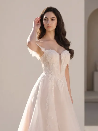 Couture Lee Romantic Off-the-Shoulder Sheer Lace Glitter Tulle Bridal Gown with Thigh Slit