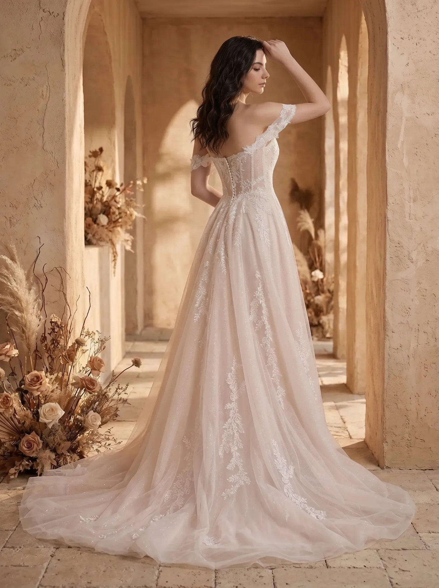 Couture Lee Romantic Off-the-Shoulder Sheer Lace Glitter Tulle Bridal Gown with Thigh Slit