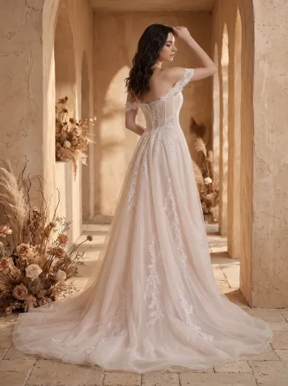 Couture Lee Romantic Off-the-Shoulder Sheer Lace Glitter Tulle Bridal Gown with Thigh Slit