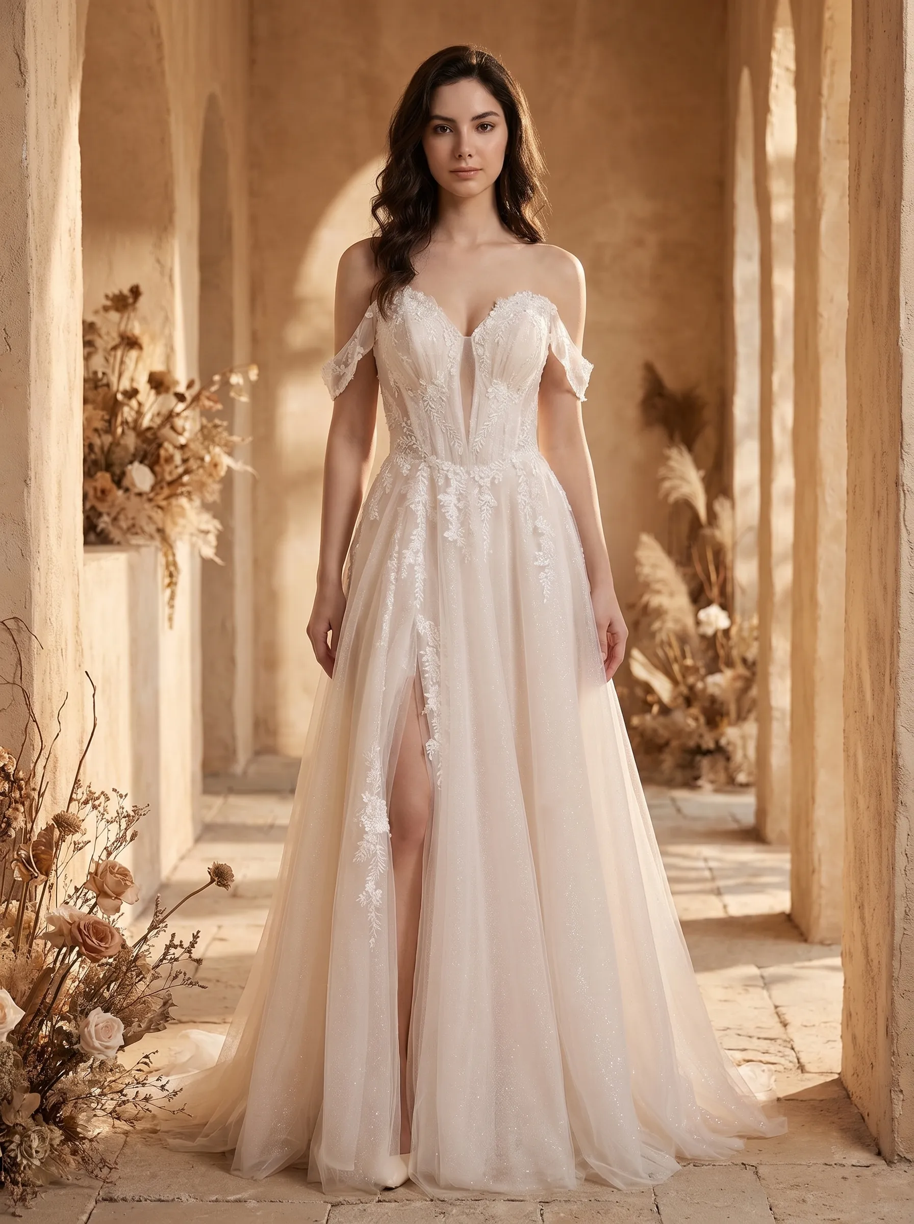 Couture Lee Romantic Off-the-Shoulder Sheer Lace Glitter Tulle Bridal Gown with Thigh Slit