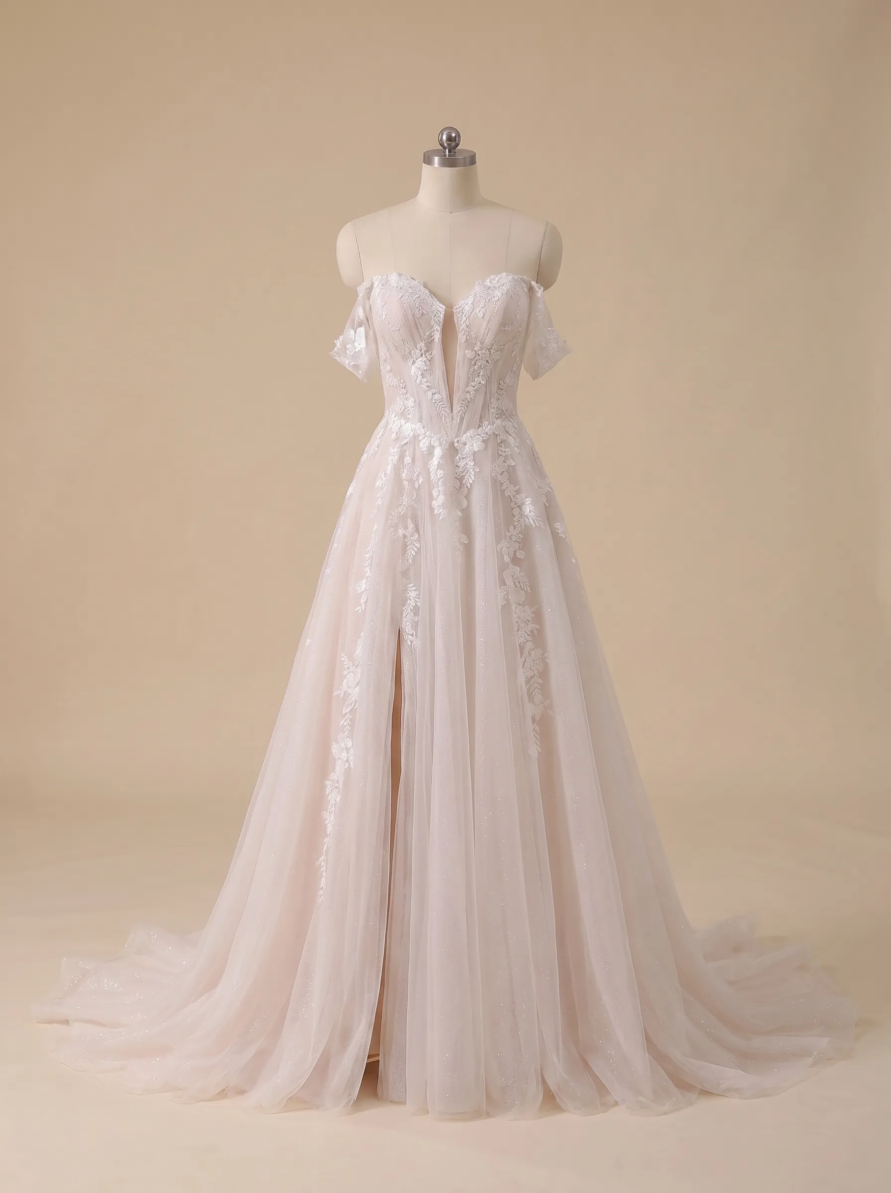 Couture Lee Romantic Off-the-Shoulder Sheer Lace Glitter Tulle Bridal Gown with Thigh Slit