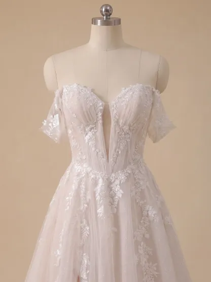 Couture Lee Romantic Off-the-Shoulder Sheer Lace Glitter Tulle Bridal Gown with Thigh Slit
