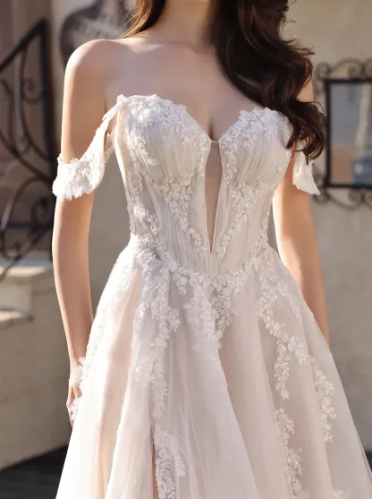 Couture Lee Romantic Off-the-Shoulder Sheer Lace Glitter Tulle Bridal Gown with Thigh Slit