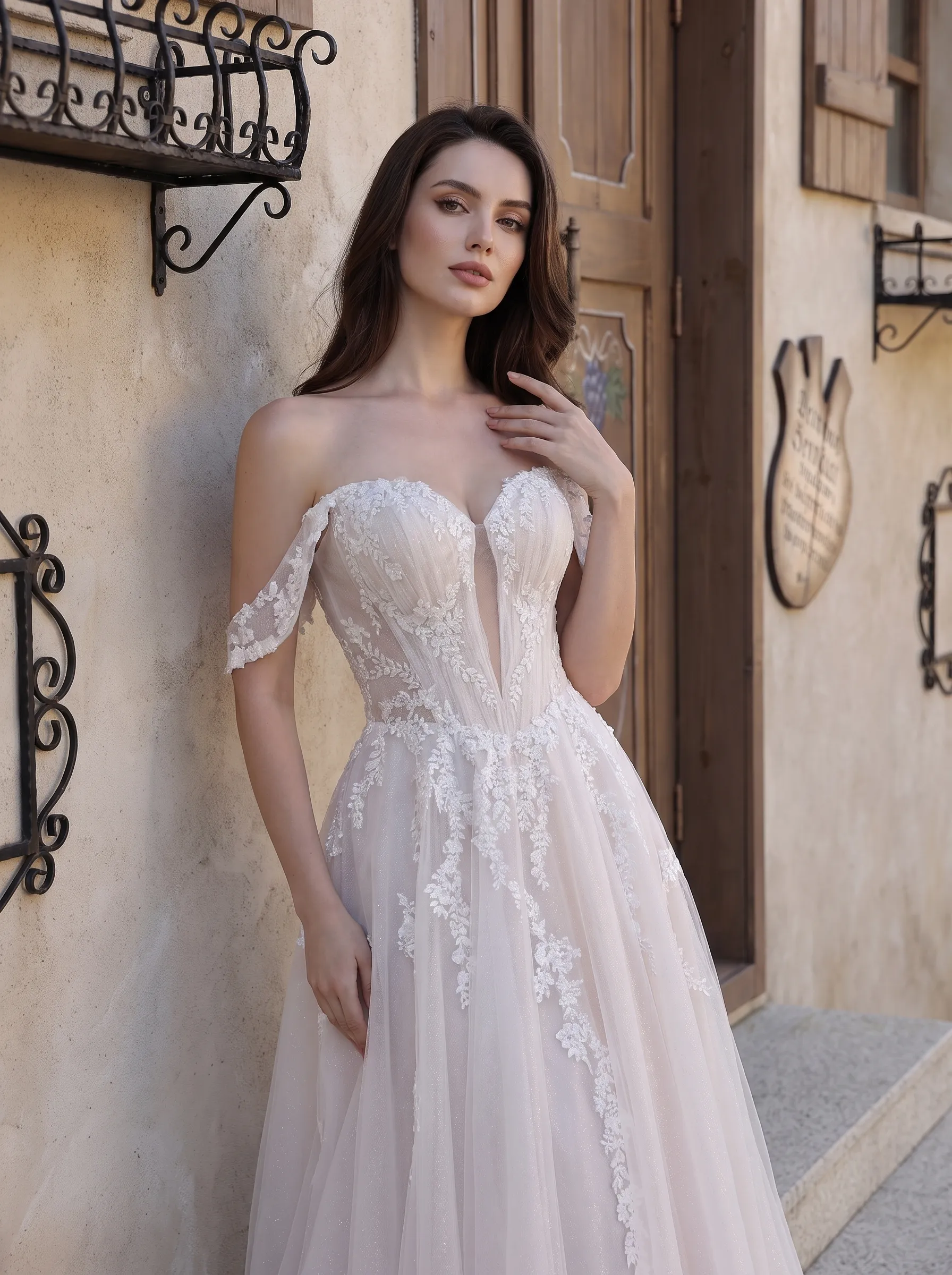 Couture Lee Romantic Off-the-Shoulder Sheer Lace Glitter Tulle Bridal Gown with Thigh Slit