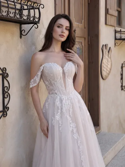 Couture Lee Romantic Off-the-Shoulder Sheer Lace Glitter Tulle Bridal Gown with Thigh Slit