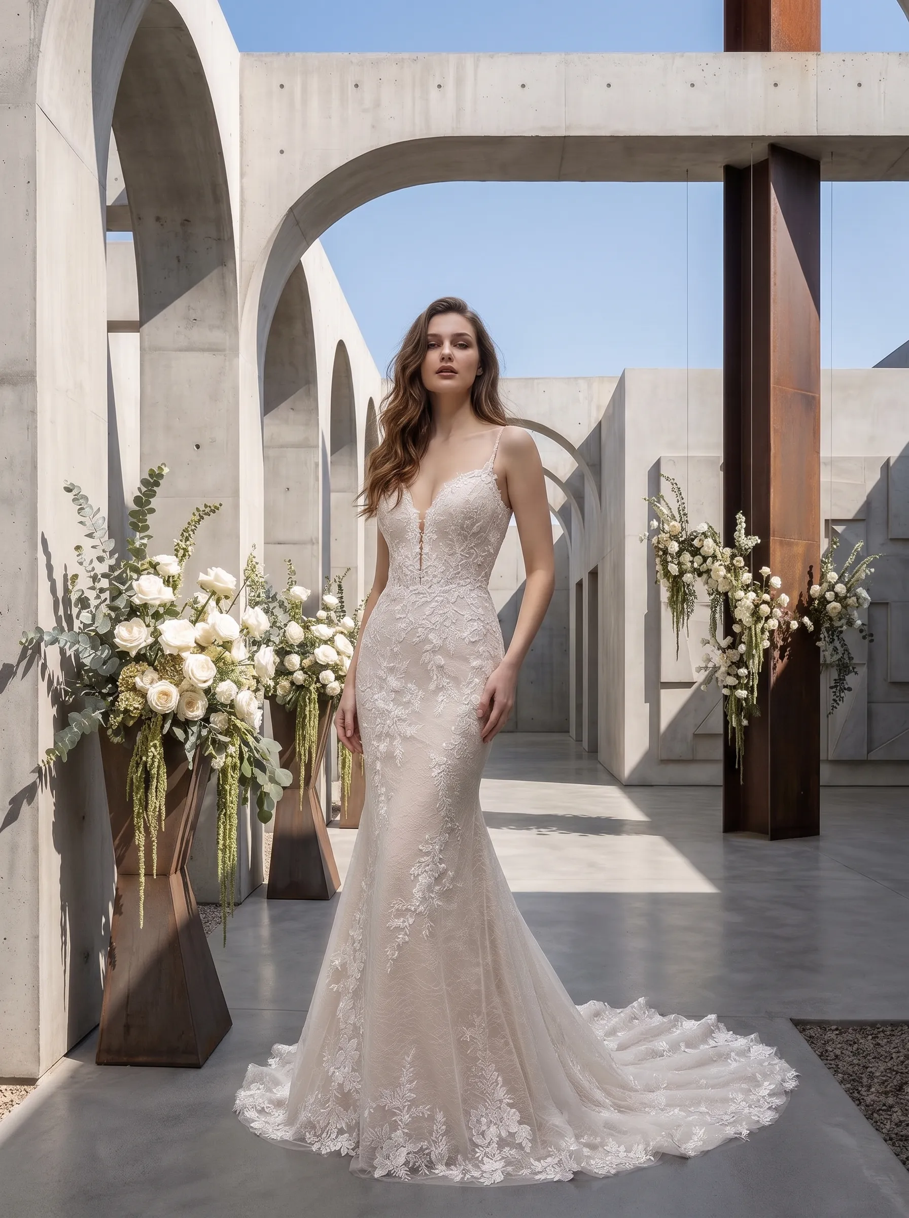 Couture Lee V-Neck Lace Mermaid Wedding Dress With Spaghetti Straps