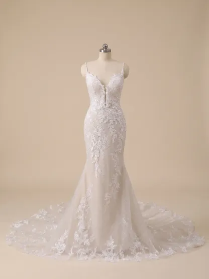 Couture Lee V-Neck Lace Mermaid Wedding Dress With Spaghetti Straps